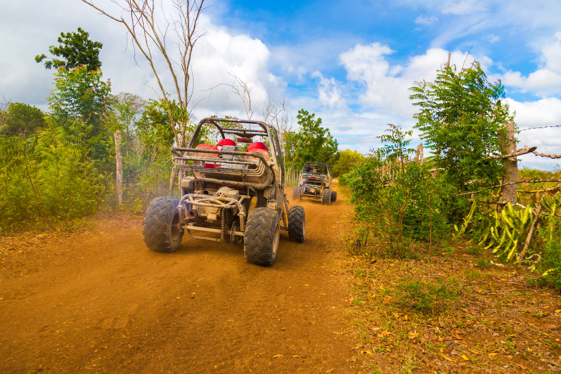 Dwa pojazdy buggy jadą polną drogą.
