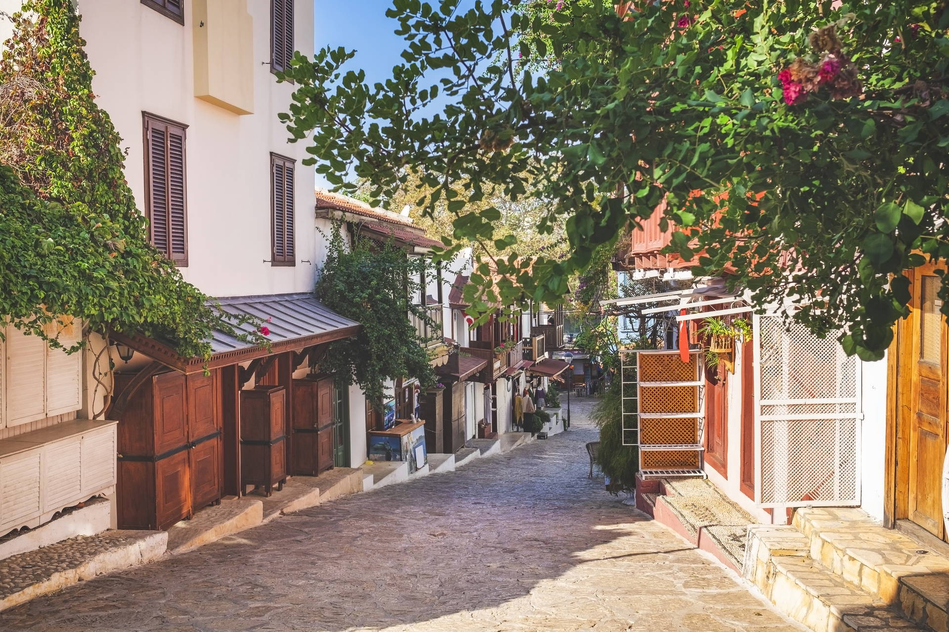 Ulica w stylu śródziemnomorskim z budynkami i roślinami.