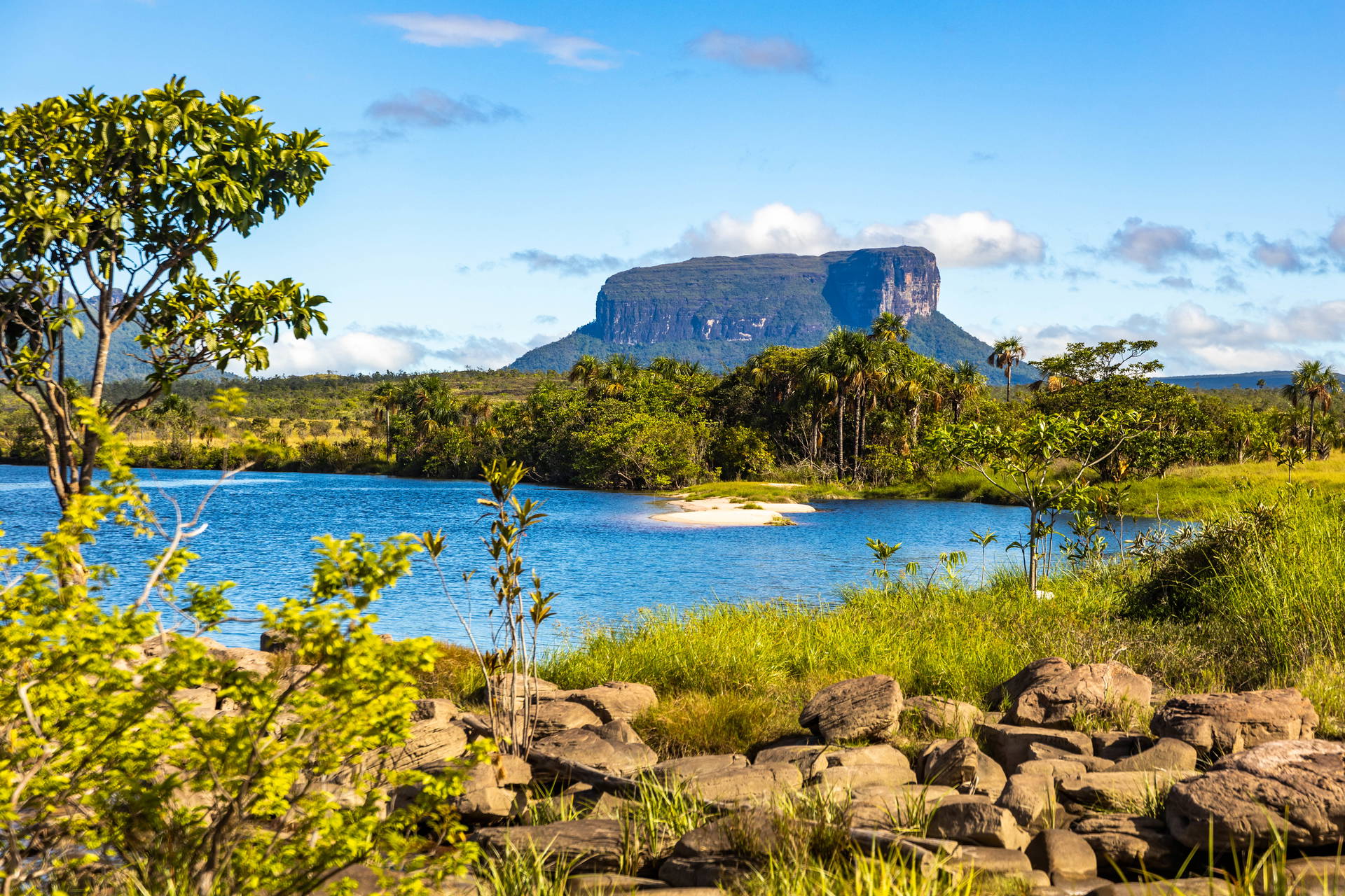 Krajobraz Parku Narodowego Canaima w Wenezueli z widokiem na góry Tepui.