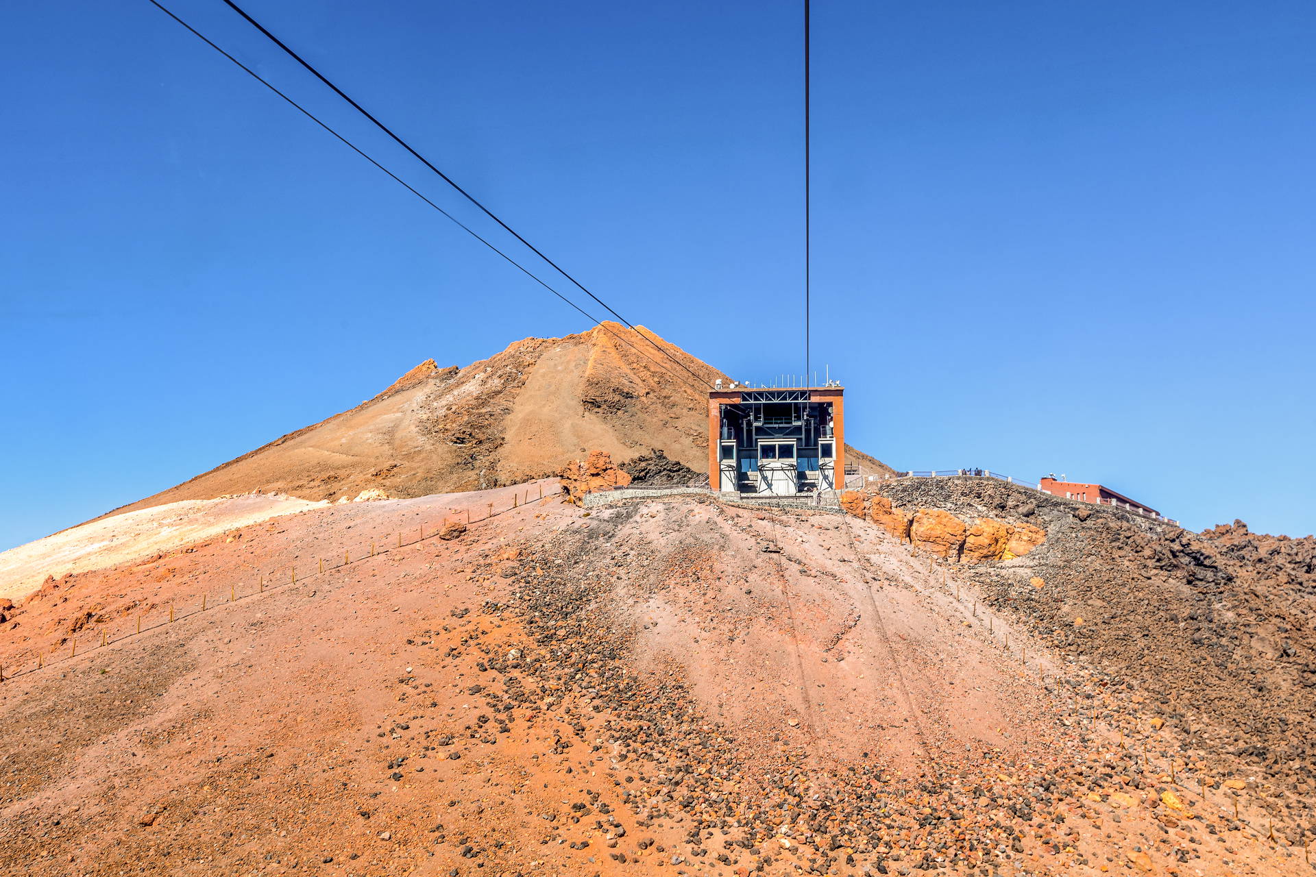 Górna stacja kolejki linowej na Teide wśród jałowego, skalistego krajobrazu wulkanu.