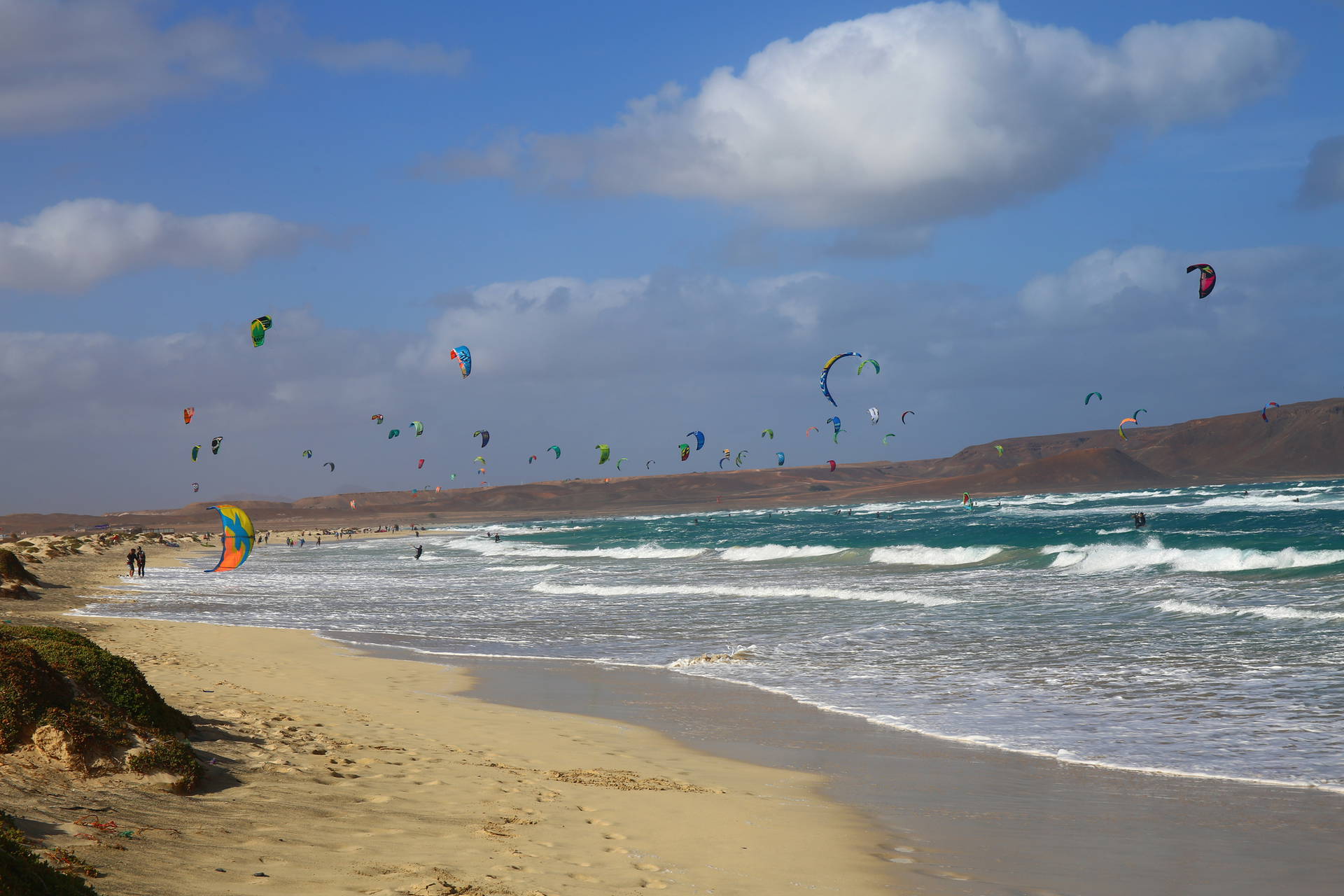 Kitesurferzy pływają i skaczą na tle plaży.