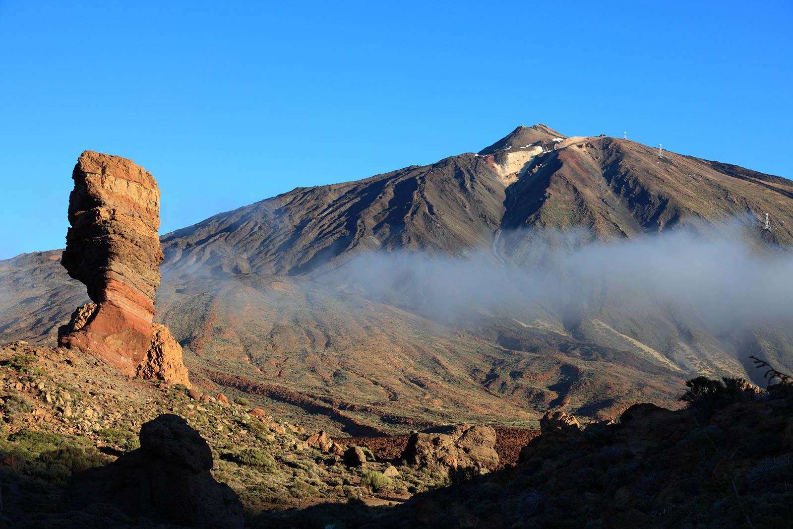 Wulkaniczny krajobraz z wulkanem Teide i formacją skalną Los Roques de García.