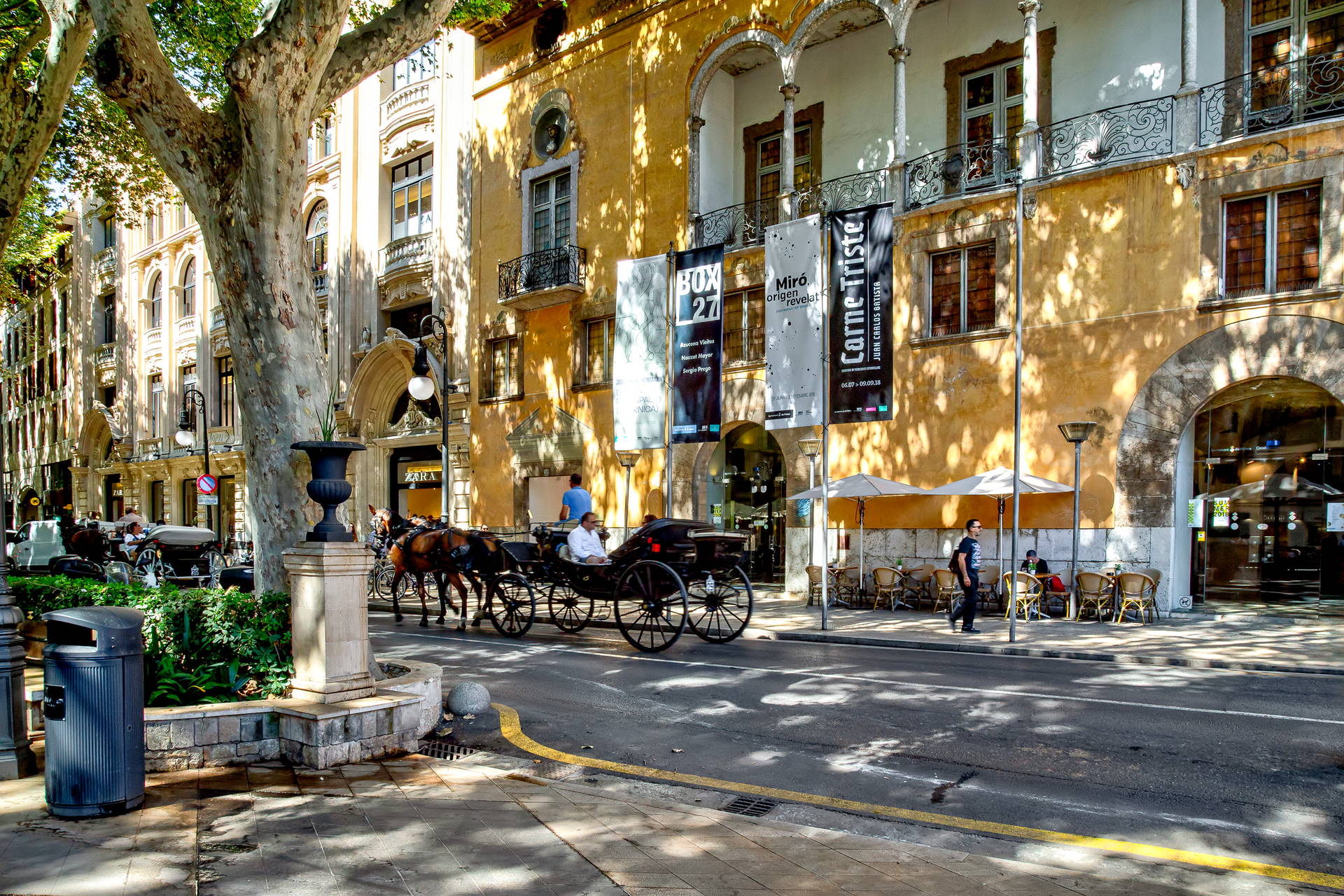 Ulica w Palma de Mallorca z budynkami i powozem konnym.