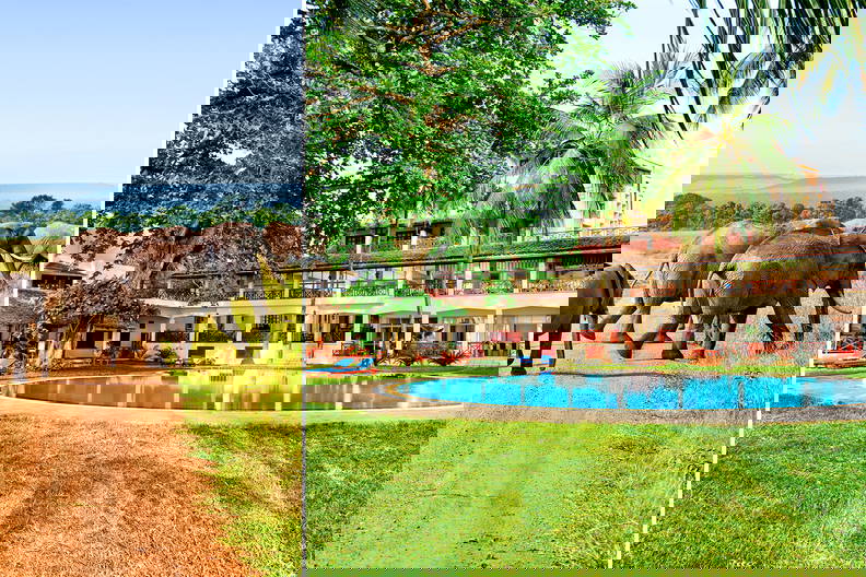 Stado słoni idzie szutrową drogą. Po prawej stronie widać hotel z basenem.