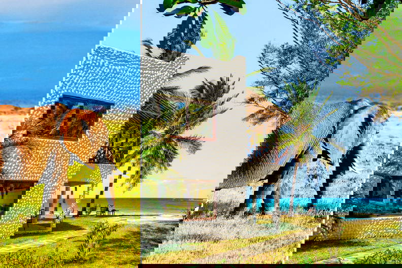 Po lewej: słoń na łące. Po prawej: hotel z widokiem na plażę.