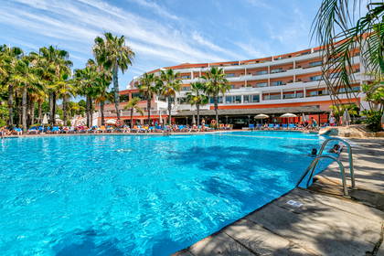 Basen hotelowy z palmami i leżakami.