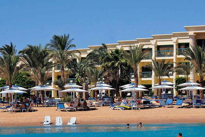 Plaża z parasolami i palmami przy hotelu.
