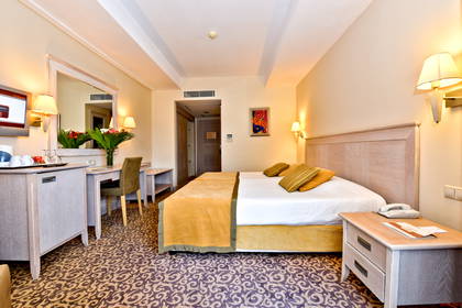 Pokój hotelowy z dwoma łóżkami, biurkiem i wykładziną we wzory.