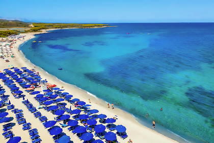 Piaszczysta plaża z rzędami niebieskich parasoli nad turkusowym morzem w słoneczny dzień.