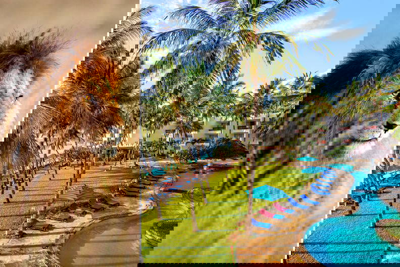 Lew na sawannie i tropikalny kurort z basenem zestawione na jednym zdjęciu.