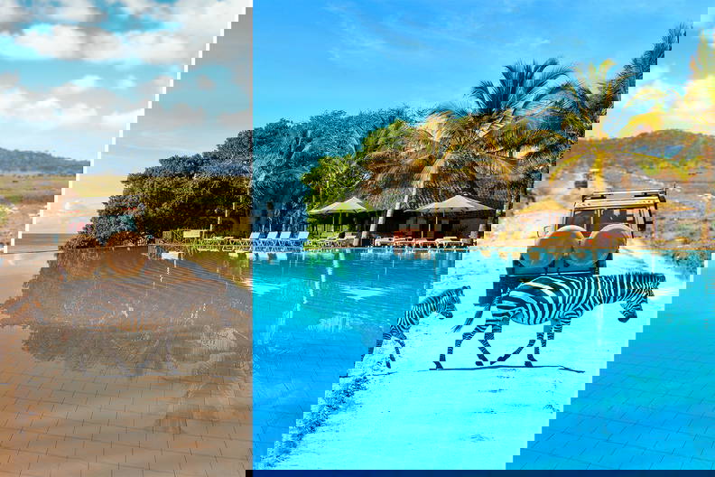 Krajobraz safari z zebrami i luksusowy basen z palmami obok siebie.