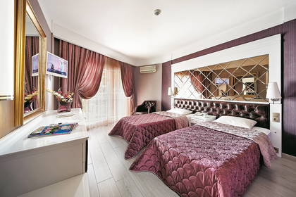 Pokój hotelowy z dwoma łóżkami, telewizorem i lustrami.
