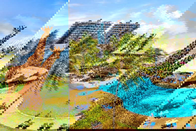 Żyrafy na tle gór i basen hotelowy z palmami.