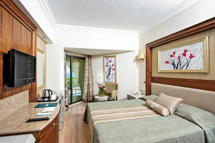 Pokój hotelowy z łóżkiem, biurkiem i balkonem.