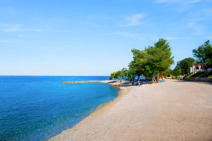 Kamienista plaża z drzewami nad błękitnym morzem w słoneczny dzień.