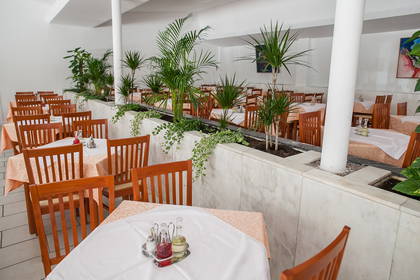 Restauracja z białymi ścianami, drewnianymi krzesłami i roślinami.