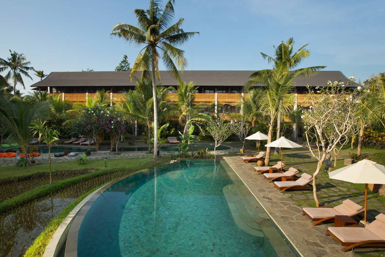 Basen w tropikalnym kurorcie z palmami i leżakami.