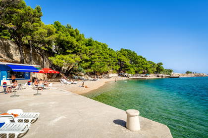 Chorwacka plaża z turkusową wodą i zielenią.