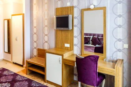 Pokój hotelowy z biurkiem, lustrem i telewizorem.