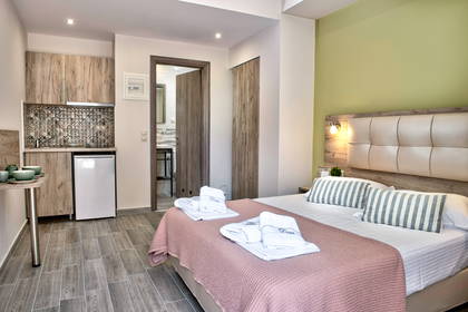 Pokój hotelowy z łóżkiem, aneksem kuchennym i łazienką.
