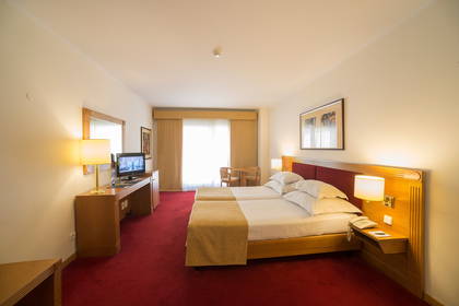 Pokój hotelowy z dwoma łóżkami i czerwonym dywanem.