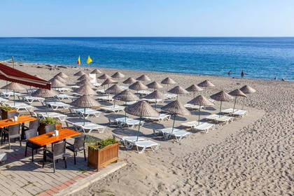 Plaża z parasolami i leżakami.