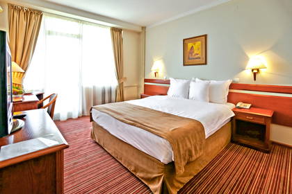 Pokój hotelowy z łóżkiem, biurkiem i oknem.