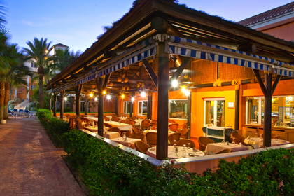 Restauracja na zewnątrz z palmami i oświetleniem.