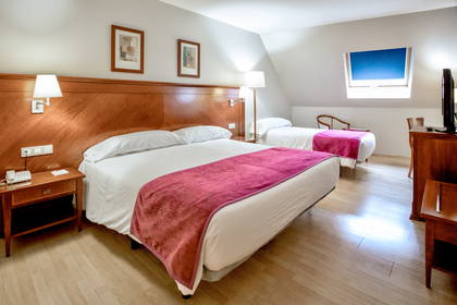 Pokój hotelowy z dwoma łóżkami, drewnianymi meblami i oknem w dachu.