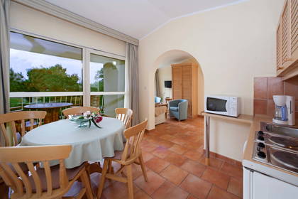 Wnętrze apartamentu: kuchnia, jadalnia i salon w jednym pomieszczeniu.