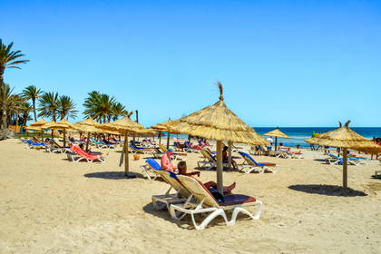 Plaża z palmami, słomianymi parasolami i leżakami.