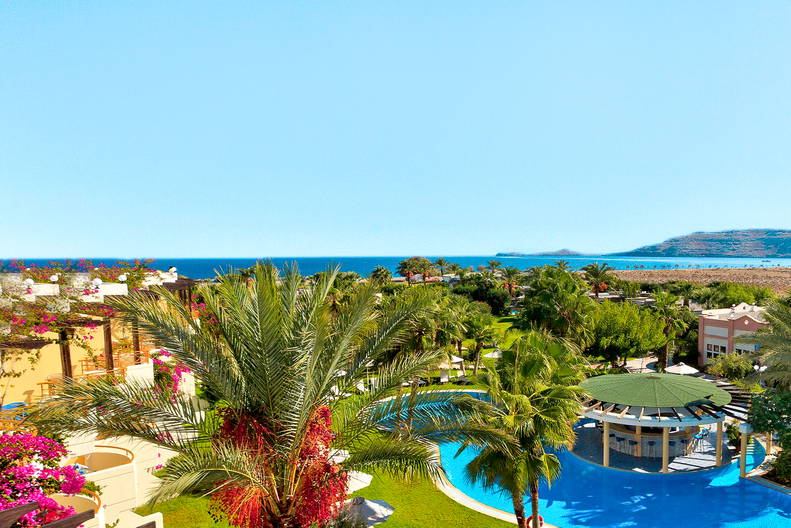 Basen w kurorcie otoczony palmami, widok z góry.