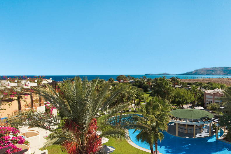 Kompleks basenowy z barem, palmami i leżakami, widok z góry.