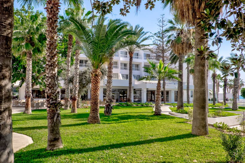 Hotel widoczny zza palm rosnących na trawniku.