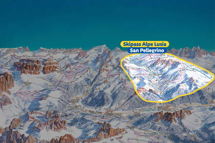 Mapa tras narciarskich w Dolomitach z wyróżnionym ośrodkiem Alpe Lusia – San Pellegrino.