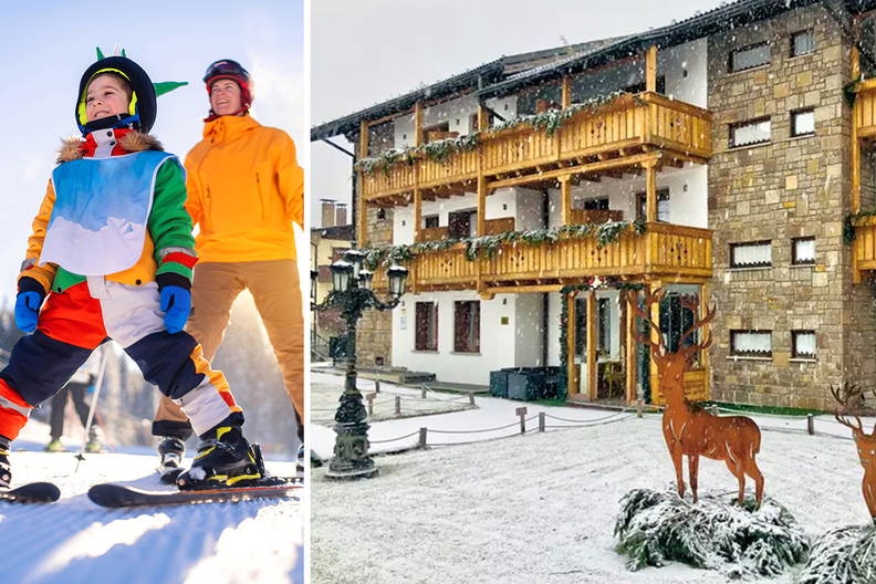 Dziecko w stroju narciarskim z opiekunem na tle góralskiego hotelu z dekoracyjnymi figurami jeleni.