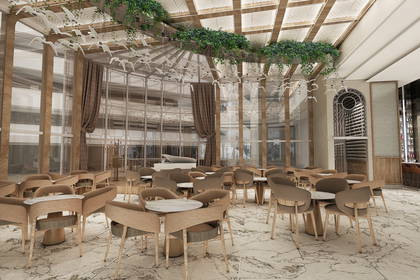 Restauracja z marmurową podłogą i drewnianym sufitem.