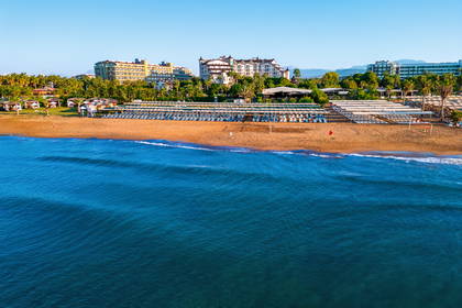 Plaża z lotu ptaka. Widoczne leżaki i parasole.