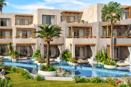 Hotel z basenem i palmami - wizualizacja.