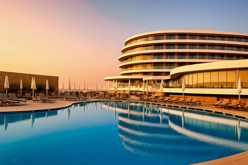 Hotel z basenem, leżakami i parasolami przeciwsłonecznymi.