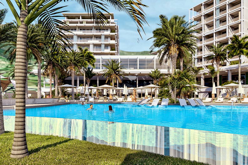 Nowoczesny kompleks hotelowy z dużym basenem otoczonym palmami. Goście odpoczywają na leżakach i pływają w wodzie.