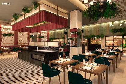 Eleganckie wnętrze restauracji z nakrytymi stołami, zielonymi krzesłami, wzorzystą podłogą i czerwoną dekoracją na suficie.