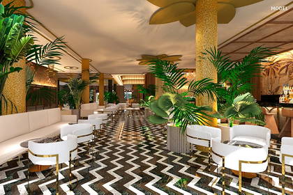 Eleganckie lobby hotelowe z podłogą w jodełkę, białymi fotelami ze złotymi akcentami i bujnymi, zielonymi roślinami.