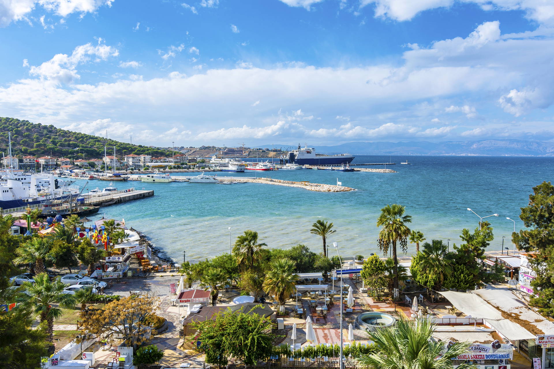 Port w Çeşme, Turcja. Na pierwszym planie palmy i restauracje.