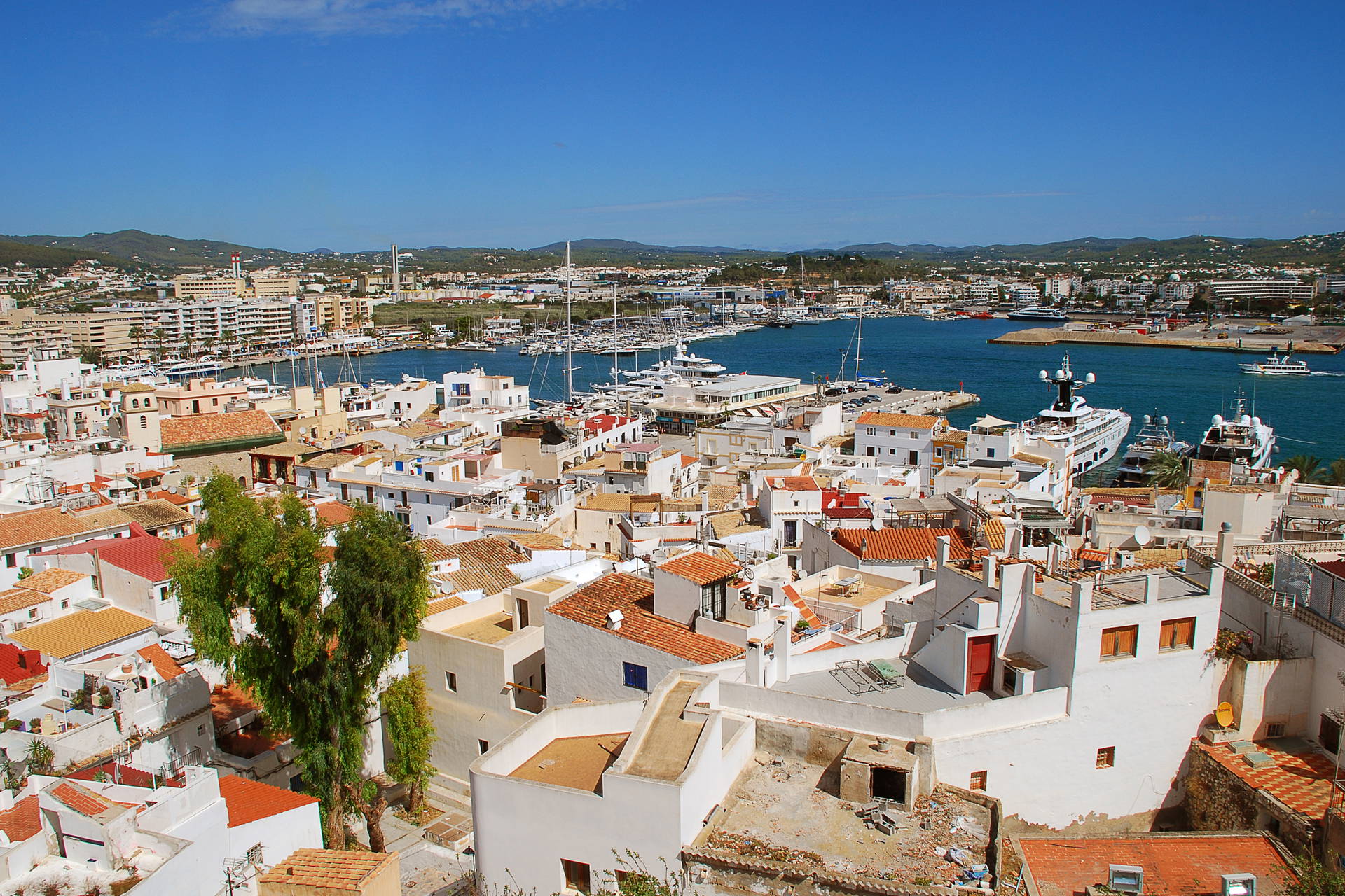 Ibiza: białe domy, port jachtowy i góry w tle.