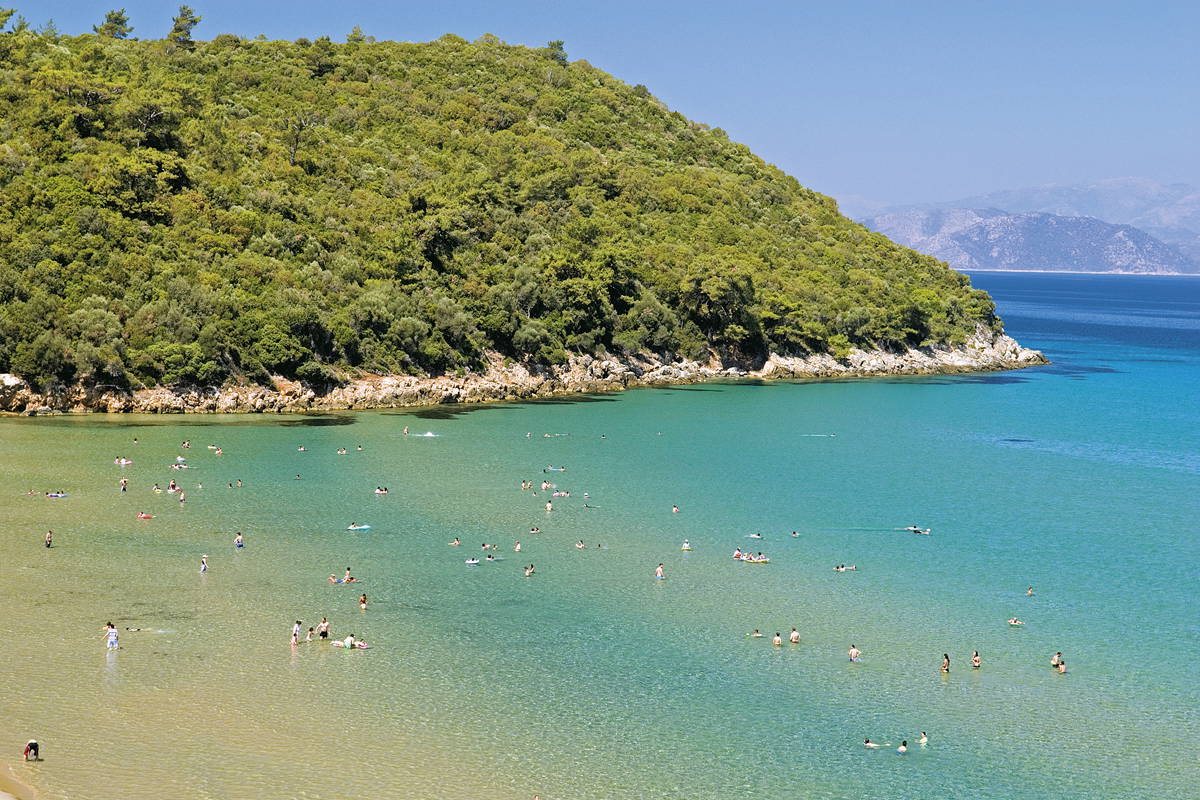 Widok na zatokę, plażowiczów i zalesione wzgórze.