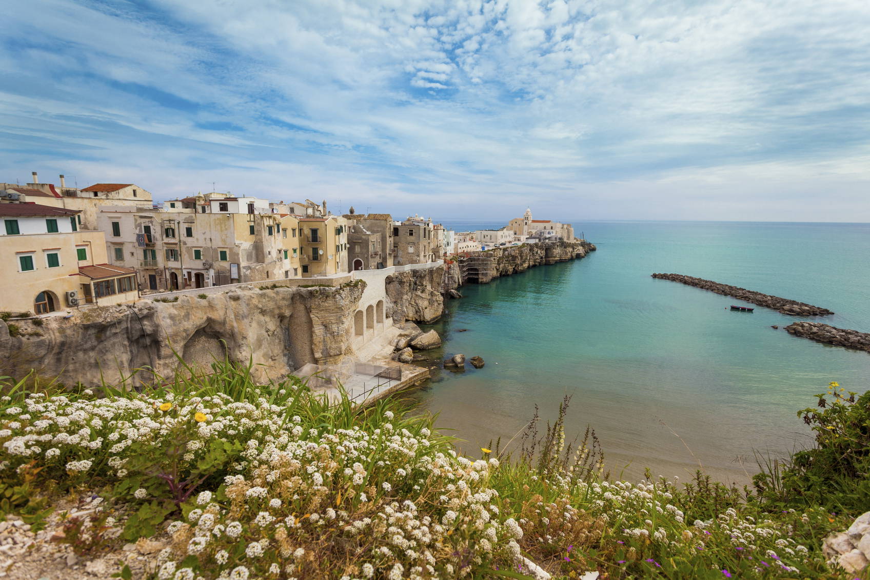 Widok na włoskie miasteczko Vieste z kwiatami na pierwszym planie.