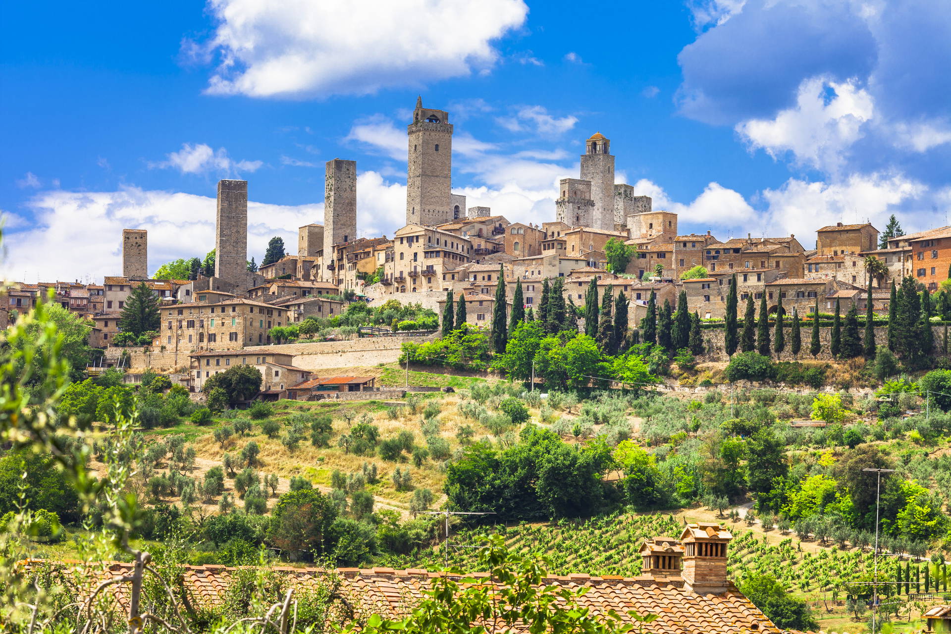 Panorama San Gimignano z charakterystycznymi wysokimi wieżami na tle błękitnego nieba.