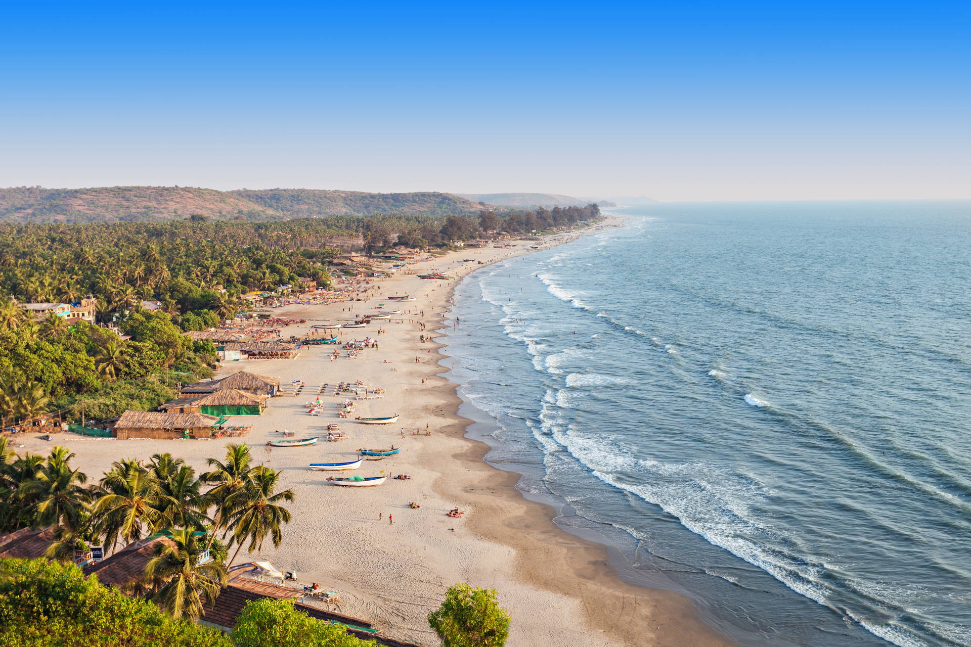 Plaża w Goa z lotu ptaka. Widoczne palmy, domki i łodzie.