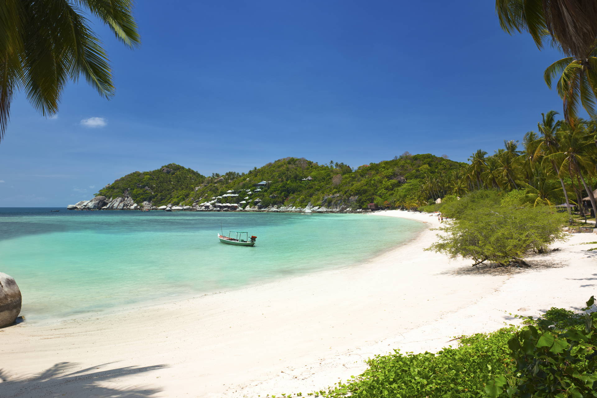 Biała plaża z turkusową wodą, łodzią i palmami.